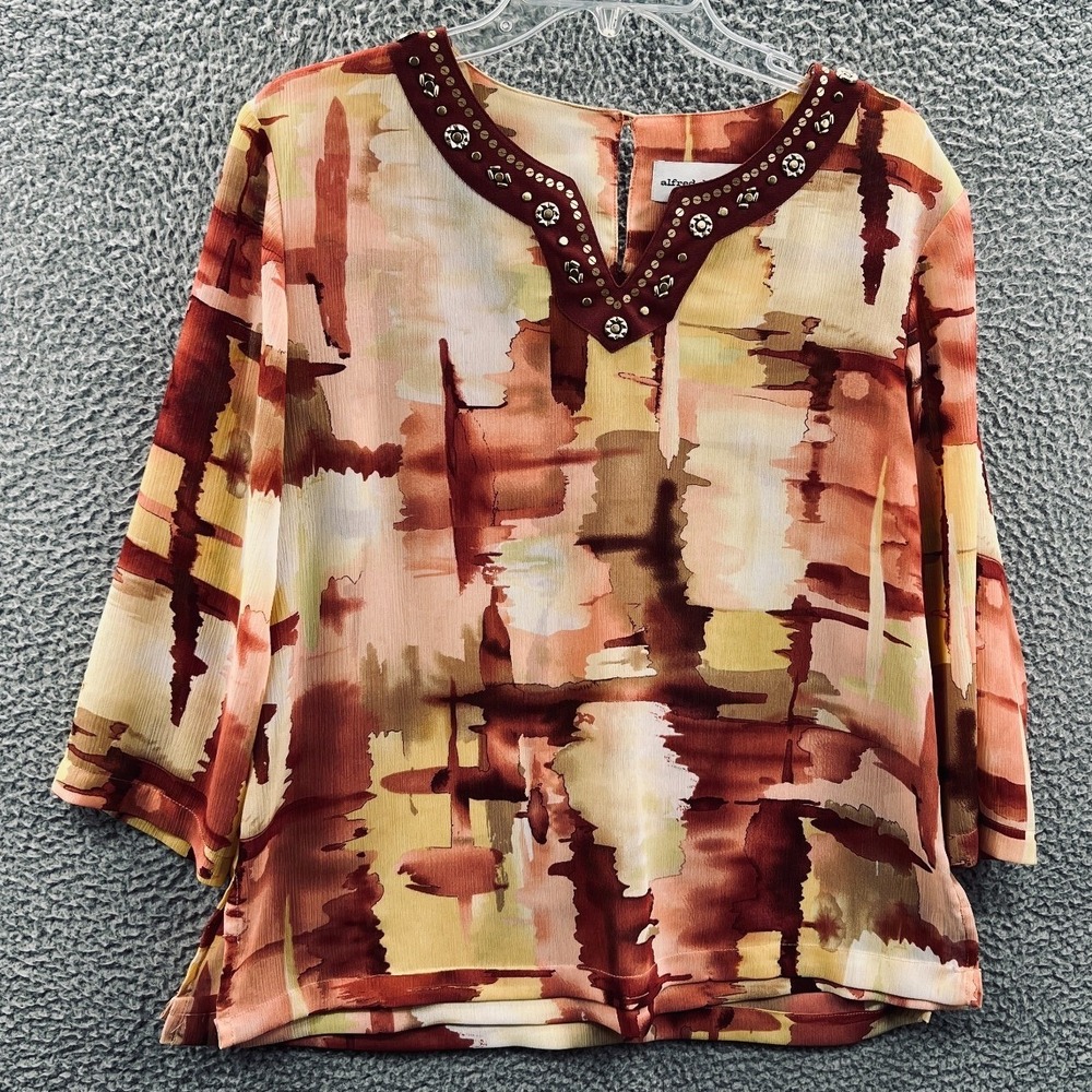 Womens Artsy Tunic‎ Top 8 Abstract Watercolor Boho Embellished Vacation Resort